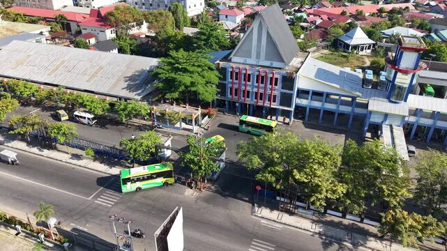 Public transport buses lined up at the transit terminal