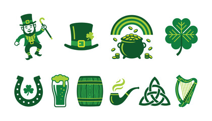Obraz premium Saint Patricks Day Vector Icon Set with Leprechaun Clover Pot of Gold Horseshoe Green Beer and Celtic Knot for Irish Holiday Design