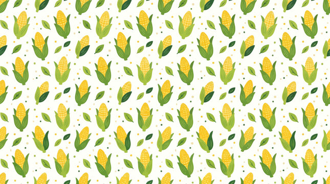 Fresh Corn Pattern: Yellow Corn Cobs with Green Leaves on White Background