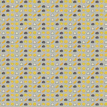 Cartoon food pattern with tacos, cheese, donuts, fries, and cakes