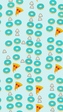 Pattern of Teal Donuts and Pizza Slices