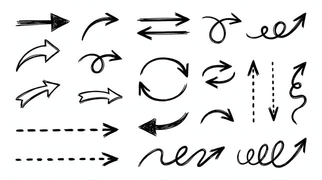 Hand drawn black ink arrows doodles of diverse shapes, suitable for design elements or navigation concepts various line styles.
