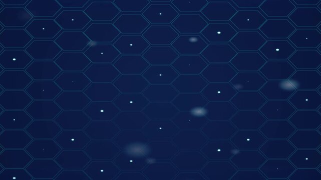 abstract digital background with glowing teal hexagonal grid pattern and floating light particles on dark blue, technology and science concept