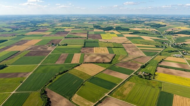 An aerial photograph showcases a vast, patchwork landscape of cultivated fields. The fields exhibit a diverse range of colors, including green, yellow, brown, and red, indicating different crops.