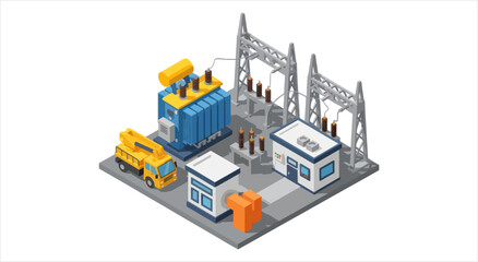 Obraz premium Isometric Electrical Substation Power Generation Equipment and Infrastructure.