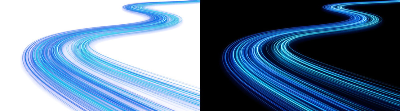 Blue fiber optic light streams curve in a fast flowing technology motion in PNG, Transparent and Black Background Versions for digital design