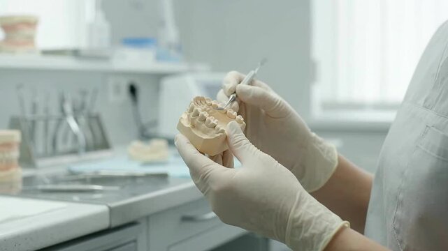 Dental technician shaping ceramic tooth crown on model in lab 
