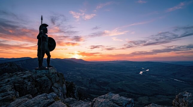 A bronze statue of a Spartan warrior stands atop a rocky mountain peak. The warrior holds a spear and a shield, facing towards a vibrant sunset over a vast, mountainous landscape.