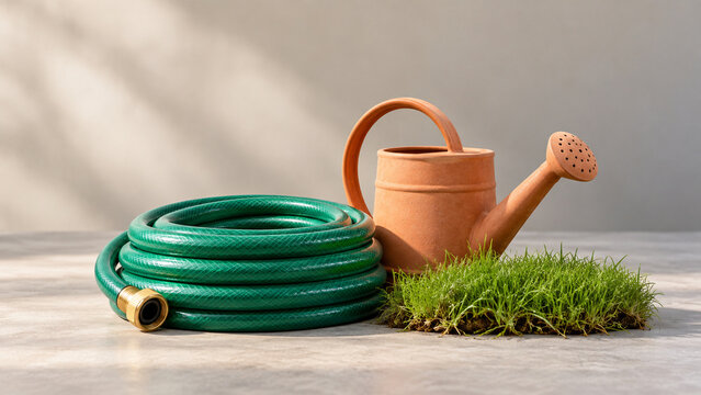 Garden hose with watering can and grass, gardening and lawn care concept