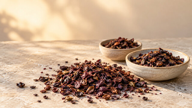 Dried grape pomace fragments on stone slab with ceramic dishes, natural organic product concept