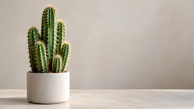 Columnar cactus in ceramic planter on display surface, desert plant and retail decor concept