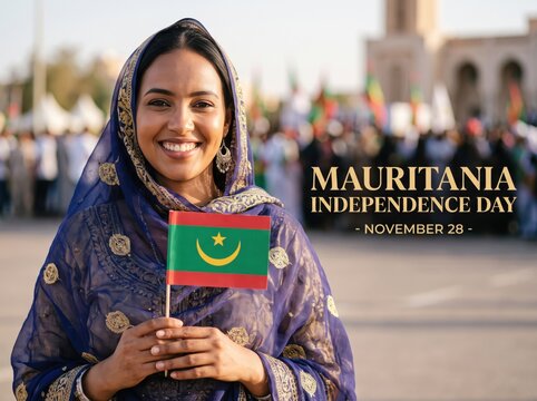 Smiling woman wearing a blue hijab holding a small mauritania flag outdoors during a public celebration with blurred crowd and building in the background
