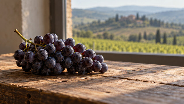 Cluster of dark grapes on wooden board, vineyard harvest and wine concept