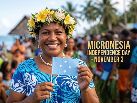 Smiling woman wearing a floral lei and blue patterned dress holding a small flag of micronesia during an outdoor celebration with palm trees and a blurred crowd in the background on a sunny day