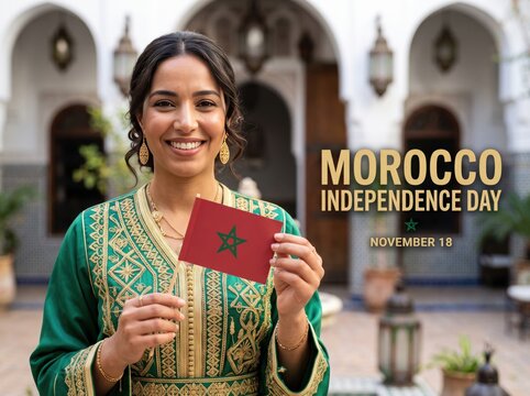 Smiling woman wearing green kaftan holding small moroccan flag in traditional courtyard with text overlay morocco independence day november 18
