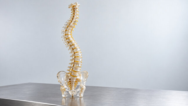 Translucent anatomical model of human spine with lateral S-curve on steel table, scoliosis and medical education concept
