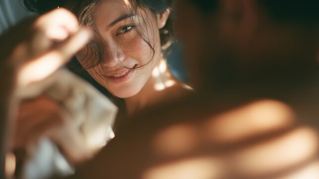 Young smiling woman looking at partner closely in soft sunlight indoors