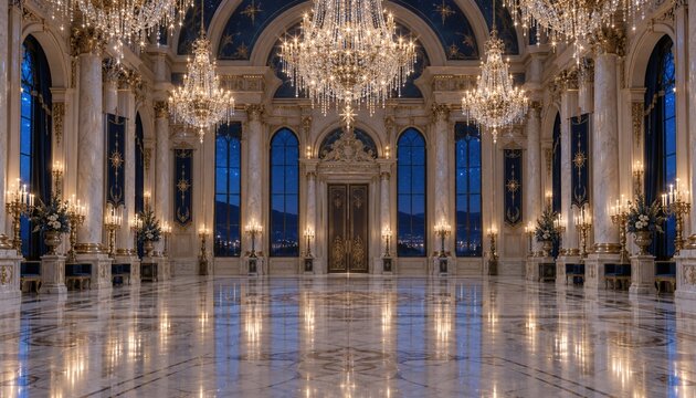 Opulent palace ballroom with crystal chandeliers and marble floor