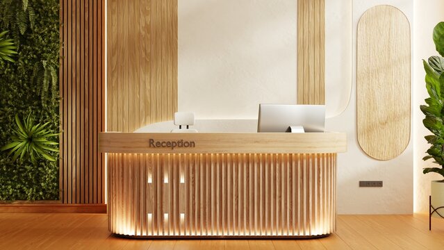 Modern wooden reception desk with green plant wall and warm lighting- 3D rendering