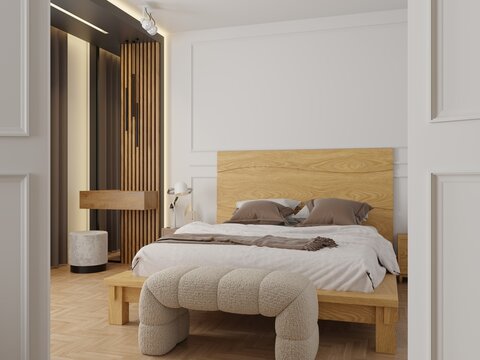 Cozy modern bedroom with wooden bed, neutral bedding and upholstered bench- 3D rendering