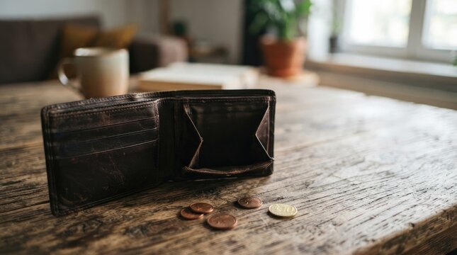 A brown leather wallet lies open on a wooden table, displaying a few coins and a euro coin. A mug of coffee sits nearby, and a potted plant is visible in the blurred background.