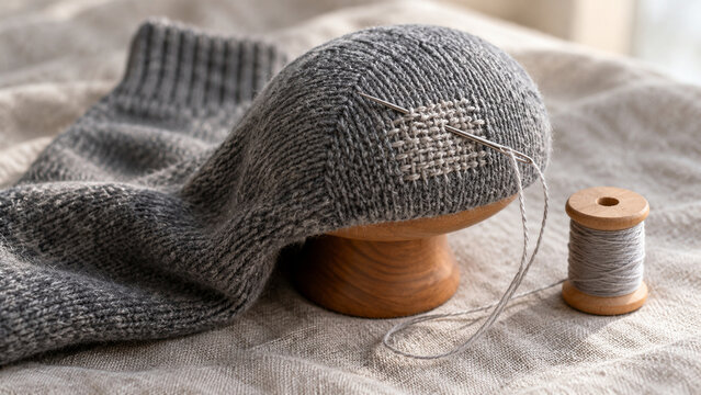 Grey wool sock on darning mushroom with needle and thread spool, mending and repair craft concept