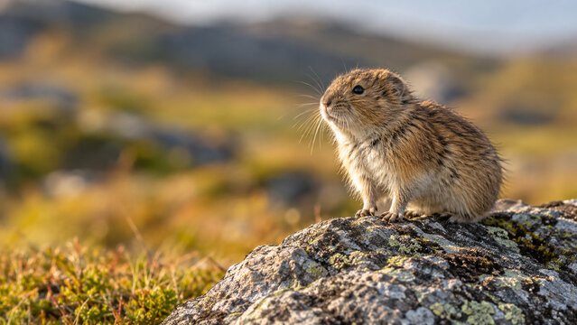 Small brown lemming standing alert on rocky outcrop in grassland
