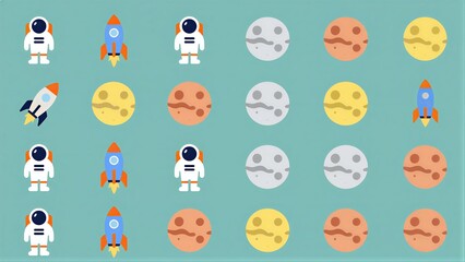 Obraz premium Astronauts, rockets, and planets in a colorful space-themed grid.