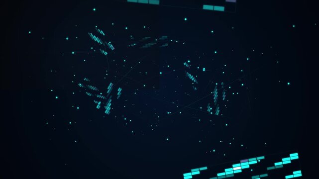 Digital glitch effect with blue and pink particles and horizontal lines on dark background, data corruption, technology concept