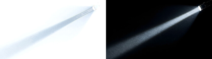 A flashlight beam illuminates drifting dust particles in a diagonal light cone in PNG, Transparent and Black Background Versions for cinematic design © Rubel