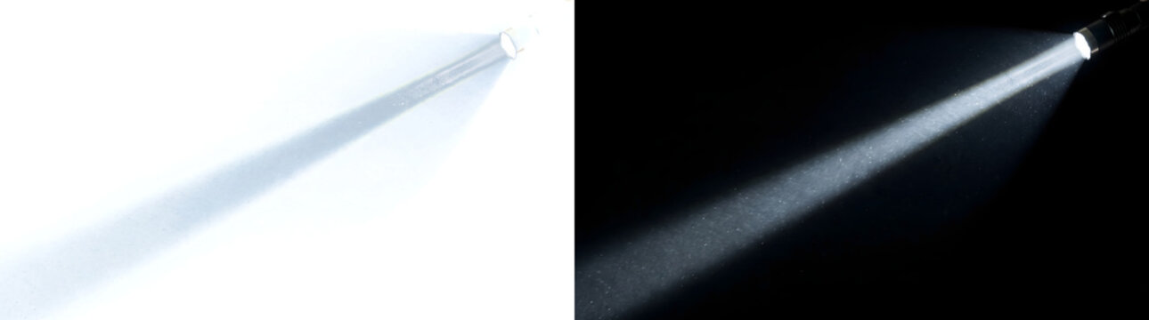 A flashlight beam illuminates drifting dust particles in a diagonal light cone in PNG, Transparent and Black Background Versions for cinematic design