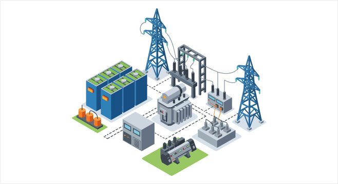 Modern Electrical Power Grid Infrastructure with Battery Storage.