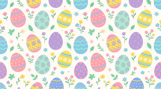 Colorful Easter Eggs Seamless Pattern with Flowers and Leaves