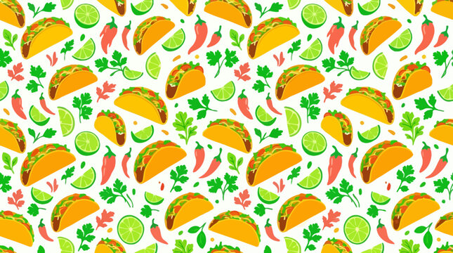 Colorful Taco Pattern: Mexican Food Fiesta with Chili Peppers and Lime Slices