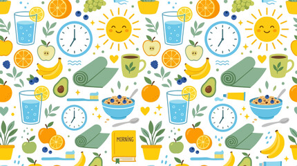 Obraz premium Healthy Morning Routine: Sun, Fruits, Yoga, Breakfast, Water - Vector Pattern