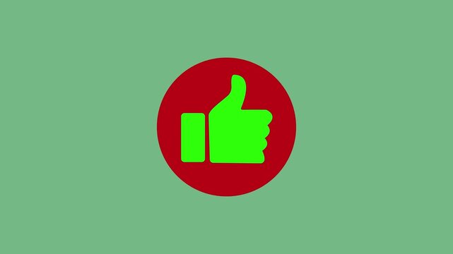 Animated green thumbs up like icon inside a red circular badge on a sage green background Ideal for social media feedback buttons, positive user rating prompts, video approval calls-to-action,