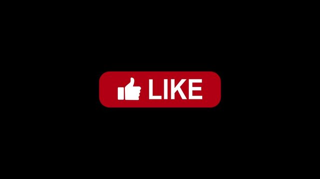Red rounded rectangle LIKE button with white thumbs up icon on solid black background.digital marketing call to action buttons, and vlog engagement prompts