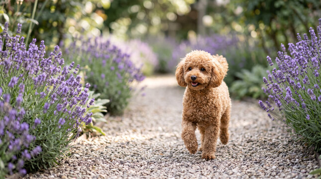 Toy Poodle Trotting Down Gravel Path Between Lavender