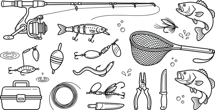 Fishing rod and tackle vector set with lure hook net line box doodle outline line art illustration
