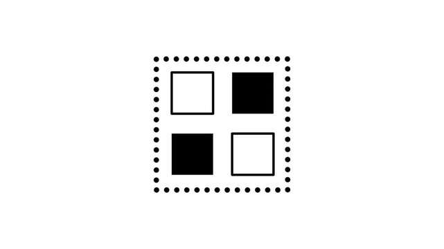 A dotted square frame holds four small squares arranged in a two by two grid alternating white and black colors in a bold checkered pattern layout