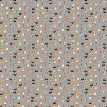Food pattern with noodles, chili peppers, and jars