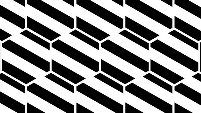 A repeating pattern of black and white diagonal striped hexagon shapes creates a bold geometric honeycomb textured background surface design piece