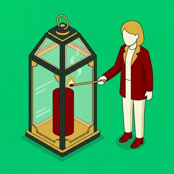 Christmas and new year vector woman lighting candle in lantern