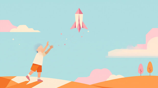 Child Launching Paper Rocket Into Pastel Sky Illustration