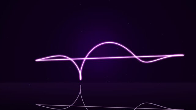 Abstract neon line drawing of a waveform or sound wave pulsating with purple light against a dark, starry night sky, digital art effect
