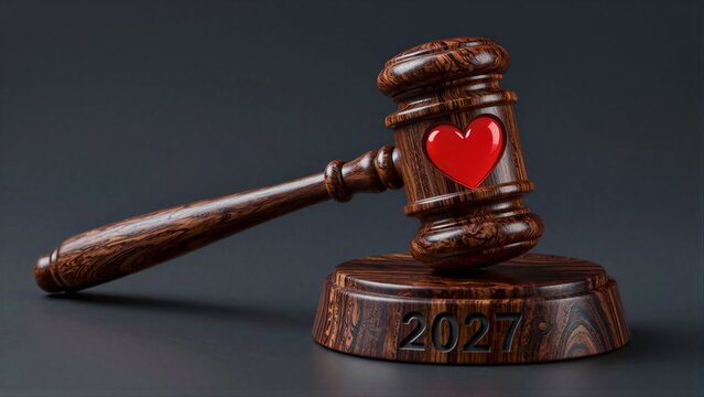 Wooden gavel with heart, 2027 symbolizing justice and love in law.