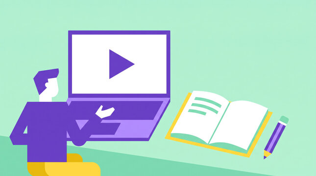 Laptop Video Tutorial with Open Notebook Illustration