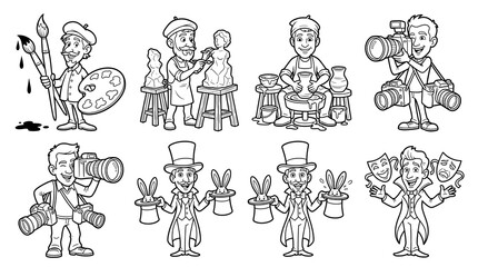 Obraz premium Artist Photographer Magician and Actor Cartoon Character Vector Line Art Collection Set