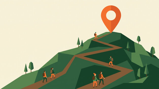 Hikers Climbing Zigzag Trail to Giant Location Pin