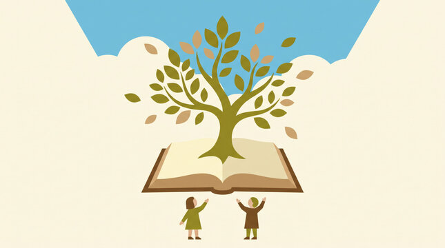 Tree Growing from Open Book with Children Reaching Up
